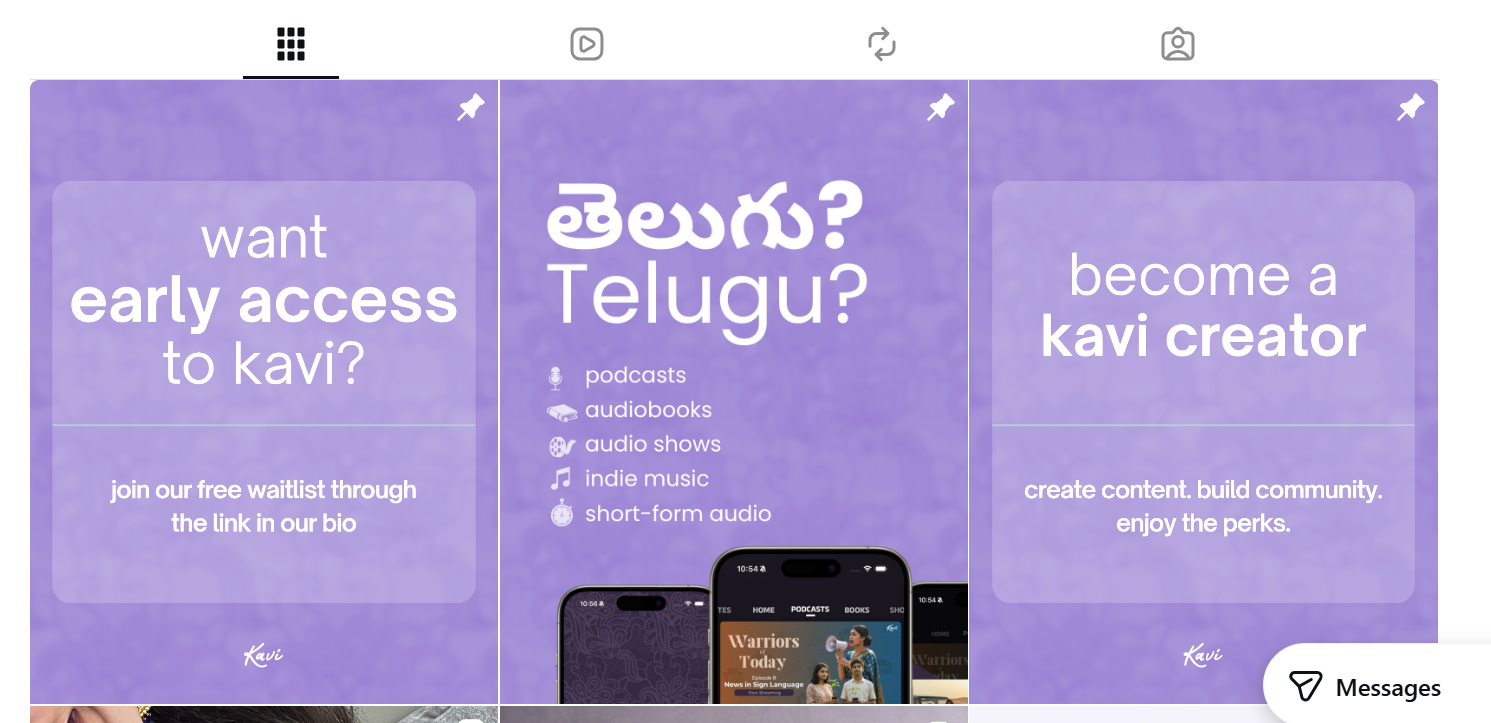 Kavi Media pinned Instagram posts arranged on a grid